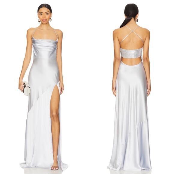 Retrofete Emery Crystal Embellished Silk Cowl Neck Dove Silver Maxi Dress Sz XS - Picture 1 of 8